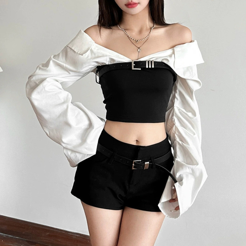 Zara Fall Slim Fit Off Shoulder Color Block Waist Cinched Crop Top